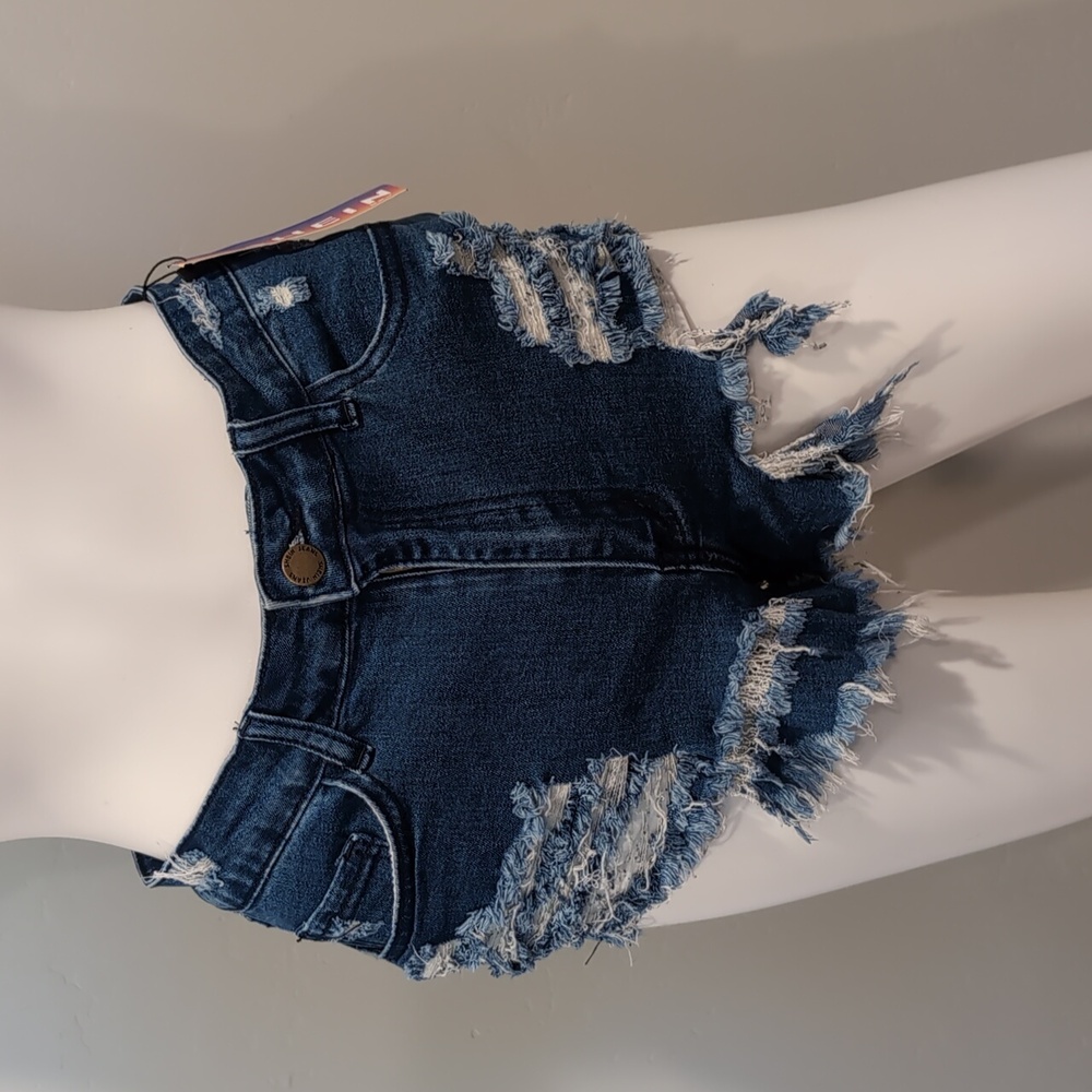 SHEIN Super Distressed High Rise Mid Dark Blue Jean Shorts Size 27